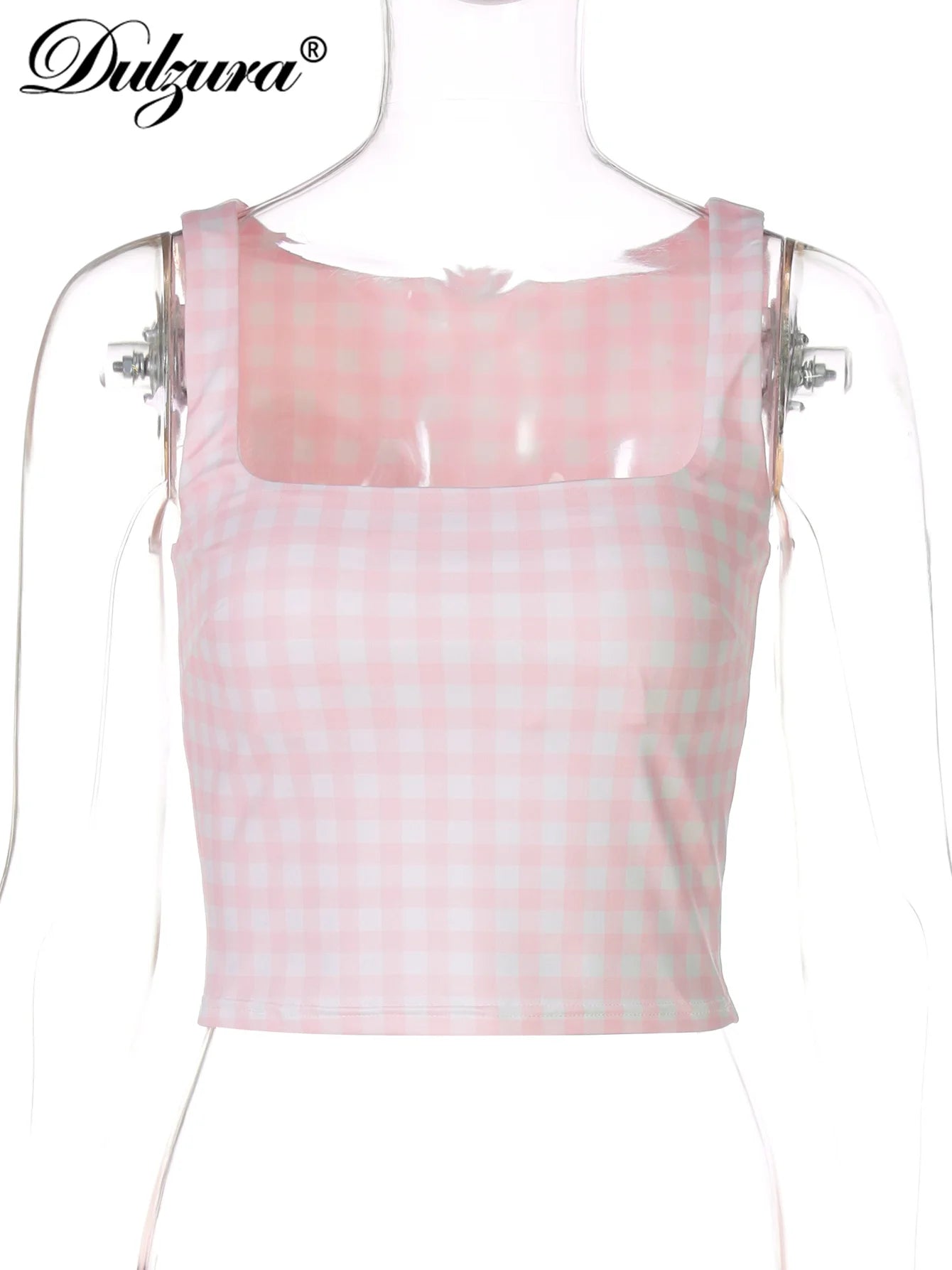 Plaid Square-Neck Sleeveless Slim-Fit Tank Top