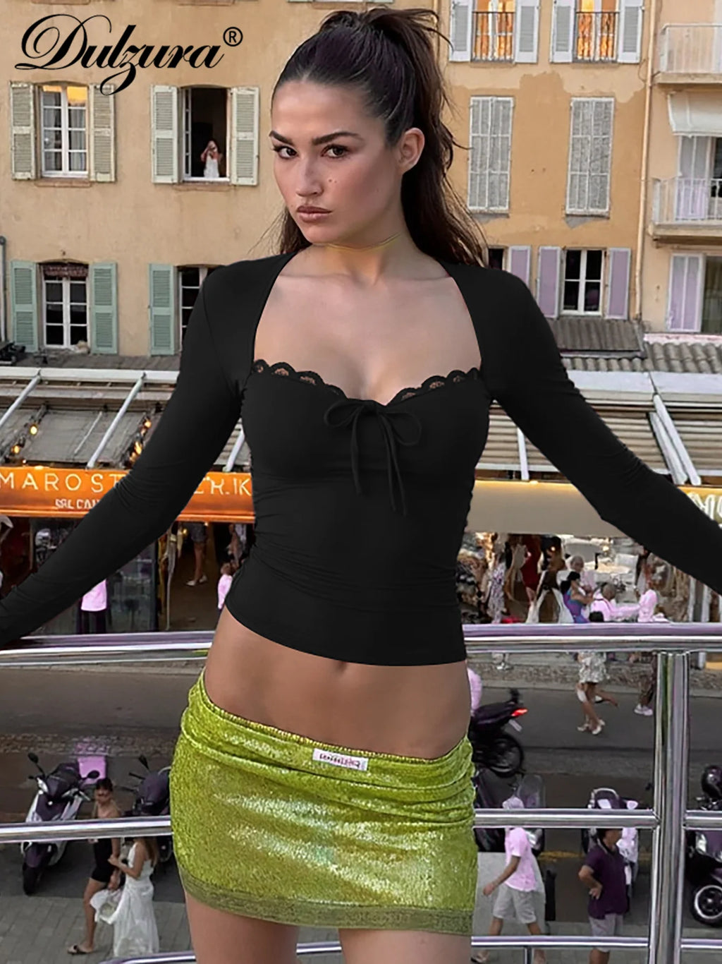 Lace-Up Ruffle Square-Neck Long-Sleeve T-Shirt
