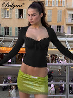 Lace-Up Ruffle Square-Neck Long-Sleeve T-Shirt