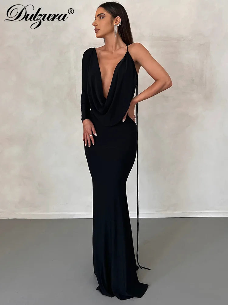 Lace-Up Long-Sleeve Maxi Dress