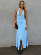 Lace-Up Backless Side-Slit Halter Maxi Dress