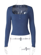 Button-Front Square-Neck Long-Sleeve T-Shirt