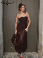 Mesh Sheer Ruched Backless Maxi Dress