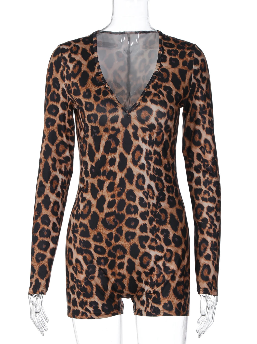 Leopard V-Neck Long-Sleeve Bodycon Jumpsuit