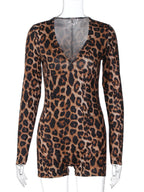 Leopard V-Neck Long-Sleeve Bodycon Jumpsuit
