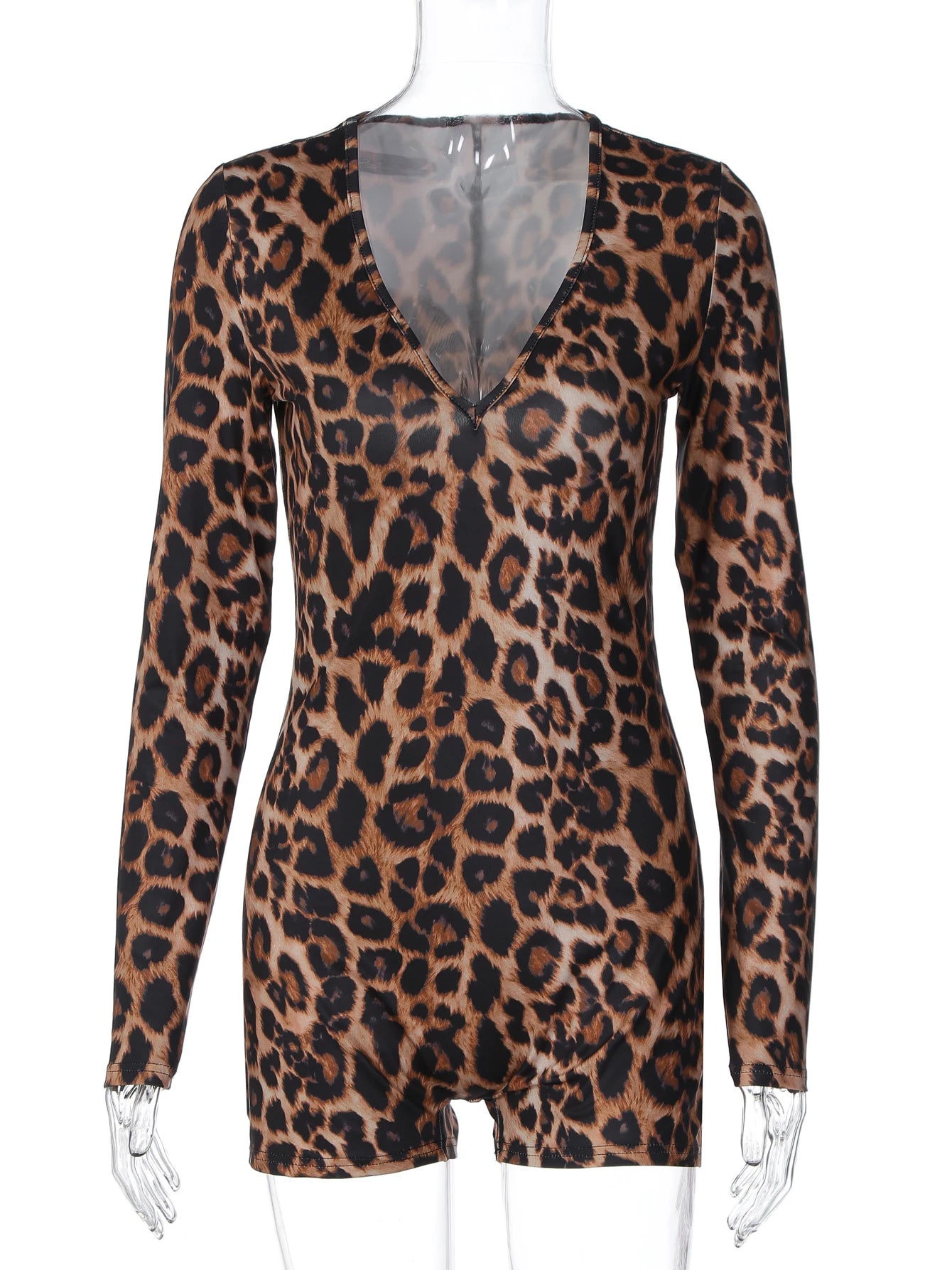 Leopard V-Neck Long-Sleeve Bodycon Jumpsuit