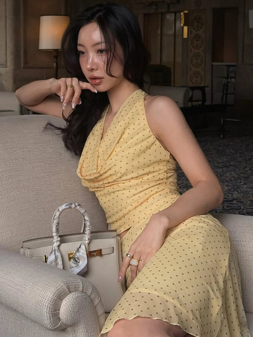 Polka-Dot Mesh Lace-Up Backless Two-Piece Set