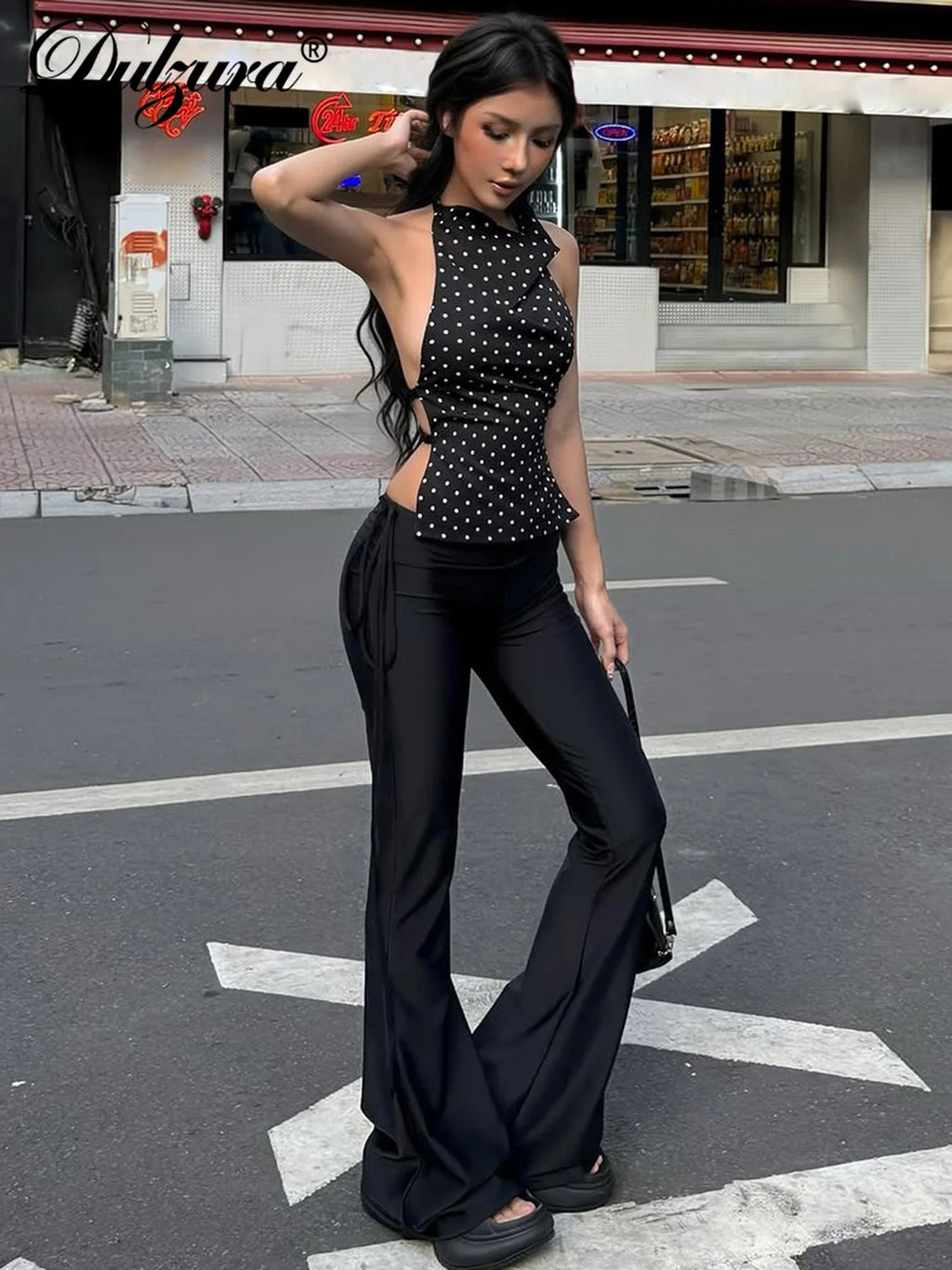 Polka-Dot Backless Halter Sleeveless Tank Top
