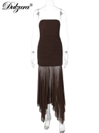 Mesh Sheer Ruched Backless Maxi Dress
