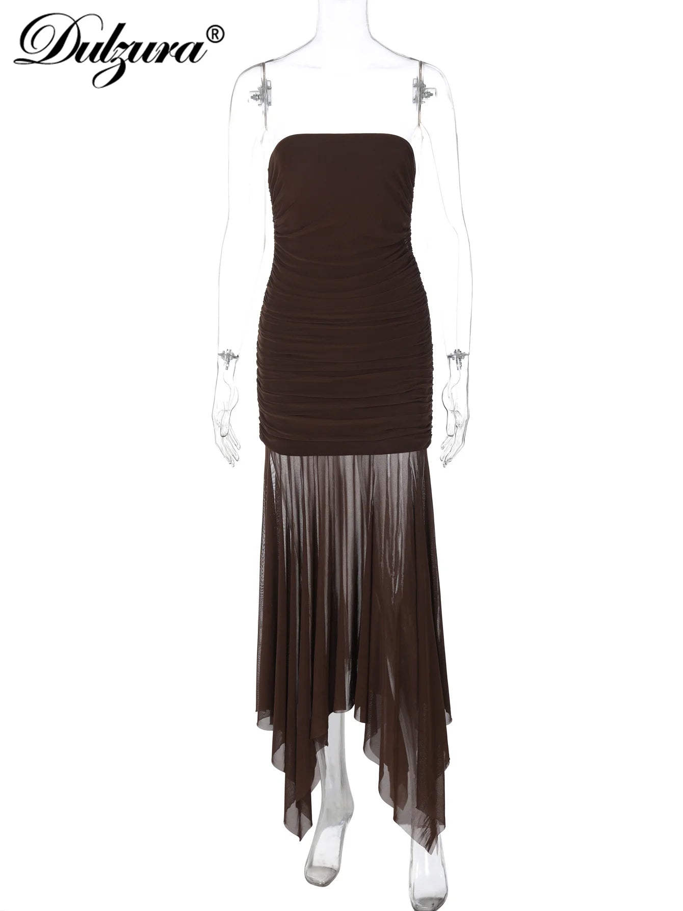 Mesh Sheer Ruched Backless Maxi Dress