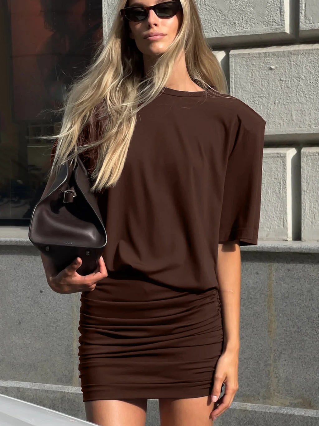Ruched Short-Sleeve Cropped Mini Dress