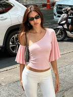 Backless One-Shoulder Slim-Fit Flared T-Shirt