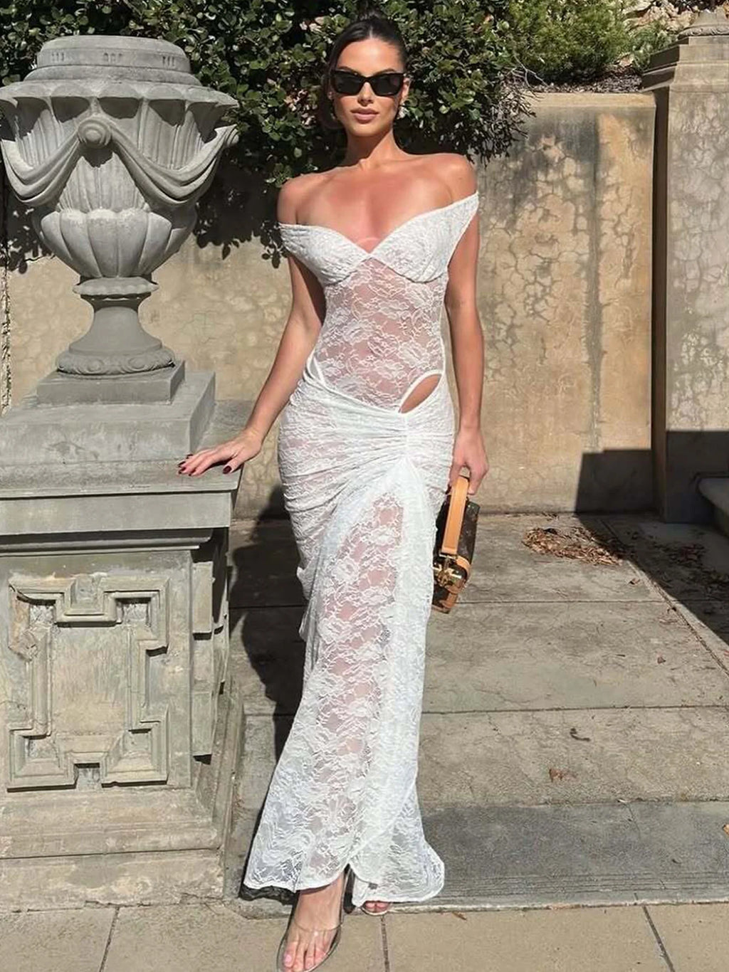 Sheer Lace Backless Side-Slit Two-Piece Set