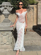 Sheer Lace Backless Side-Slit Two-Piece Set