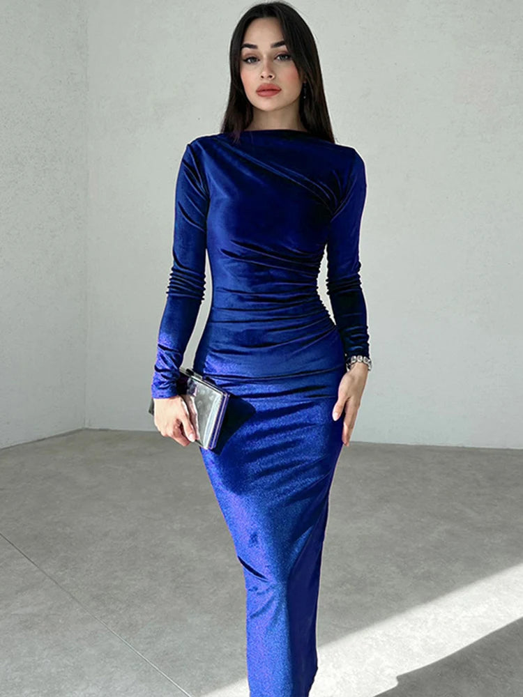 Velvet Ruched Long-Sleeve Maxi Dress