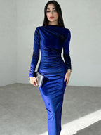 Velvet Ruched Long-Sleeve Maxi Dress