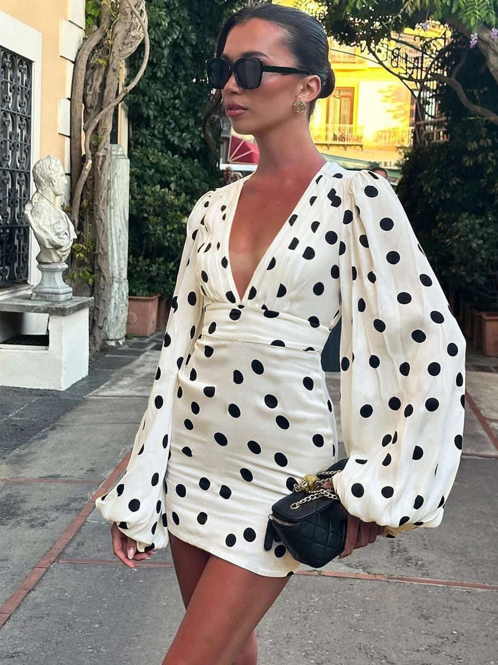 Polka-Dot V-Neck Bodycon Flared Mini Dress