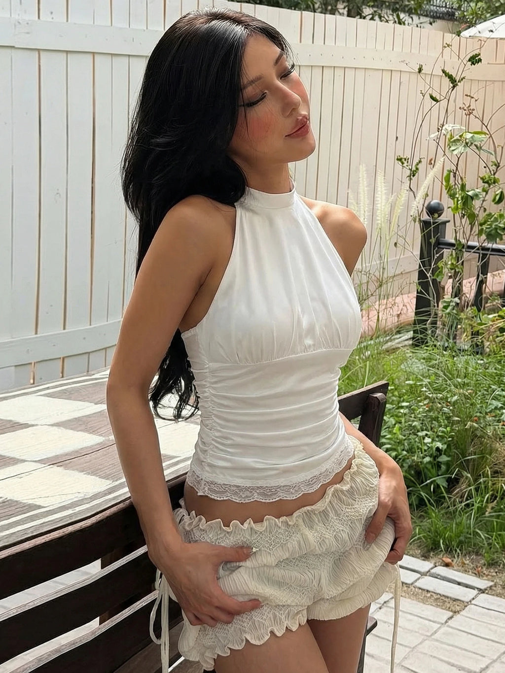 Lace Ruched Ruffle Backless Tank Top