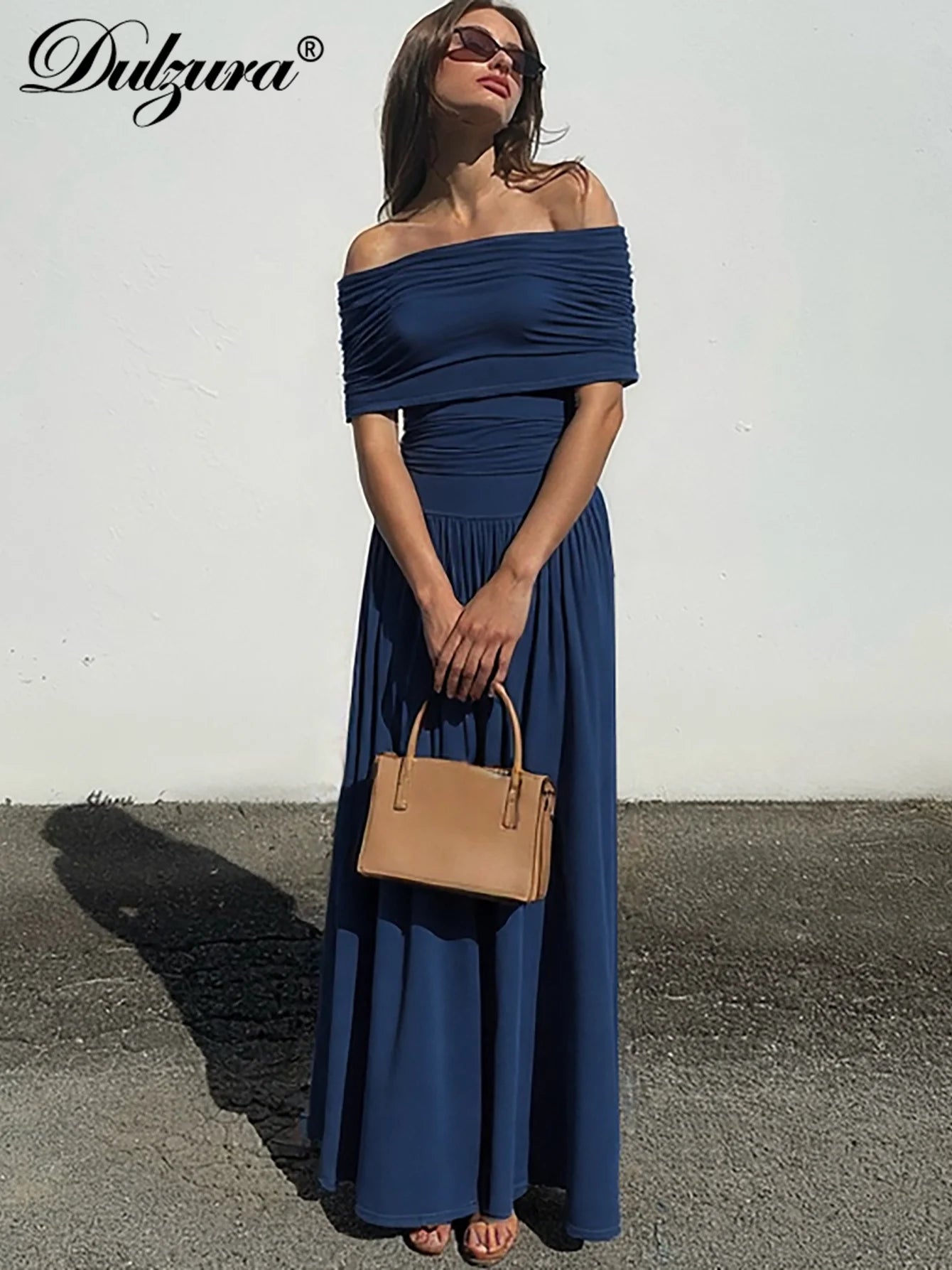Ruched Pleated Backless Off-Shoulder Maxi Dress