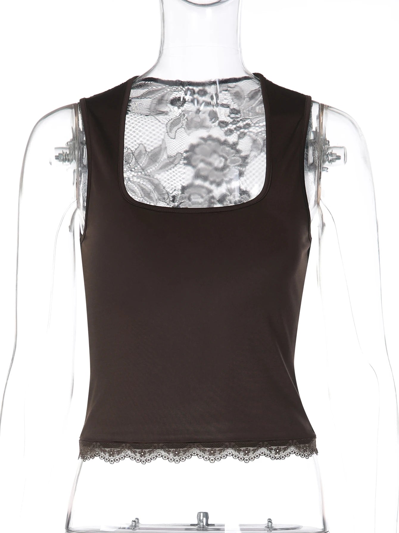 Sheer Lace Ruffle Square-Neck Top