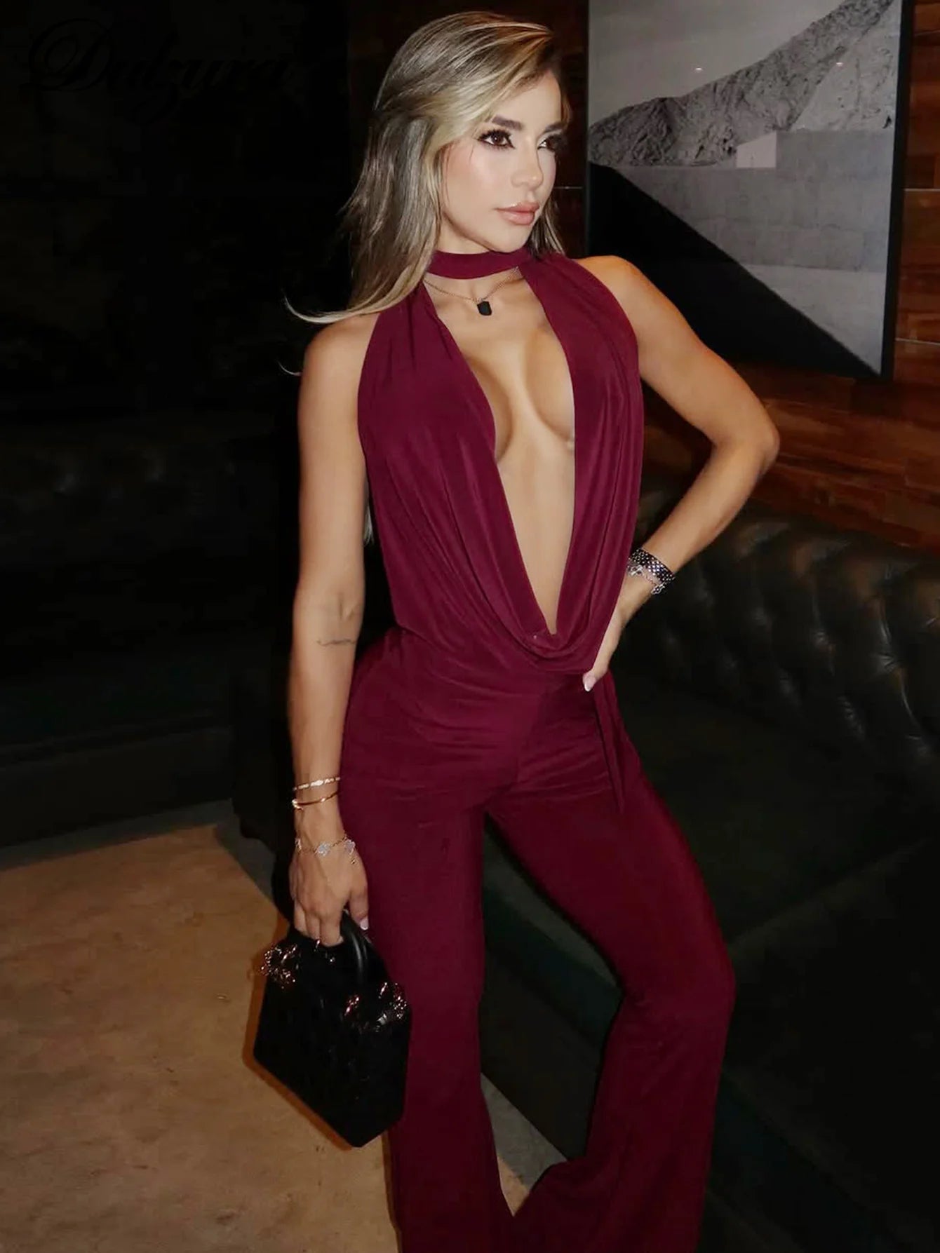 Lace-Up Backless Halter Flared Jumpsuit