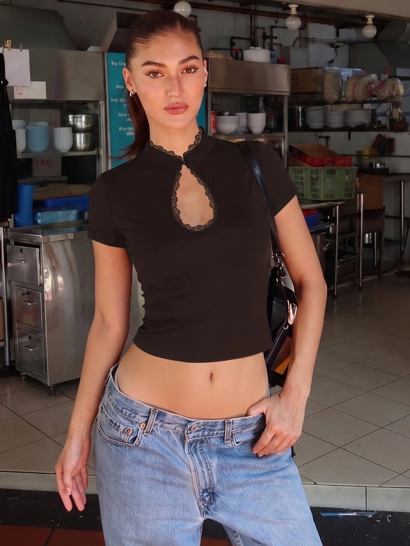 Lace Ruffle Short-Sleeve Cropped T-Shirt