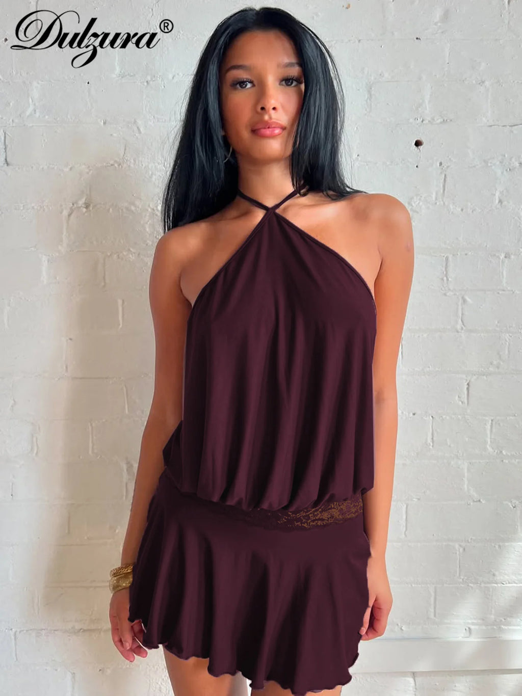 Lace Backless Halter Sleeveless Mini Dress
