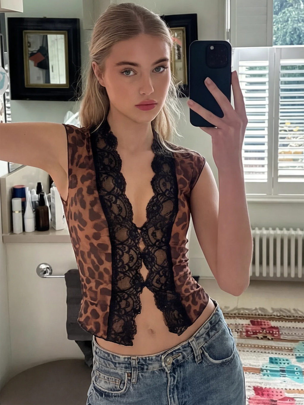 Leopard Mesh Lace Ruffle Top