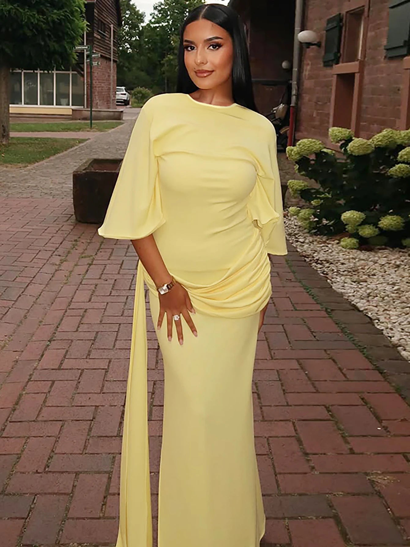 Ruched Backless Tie-Detail Maxi Dress
