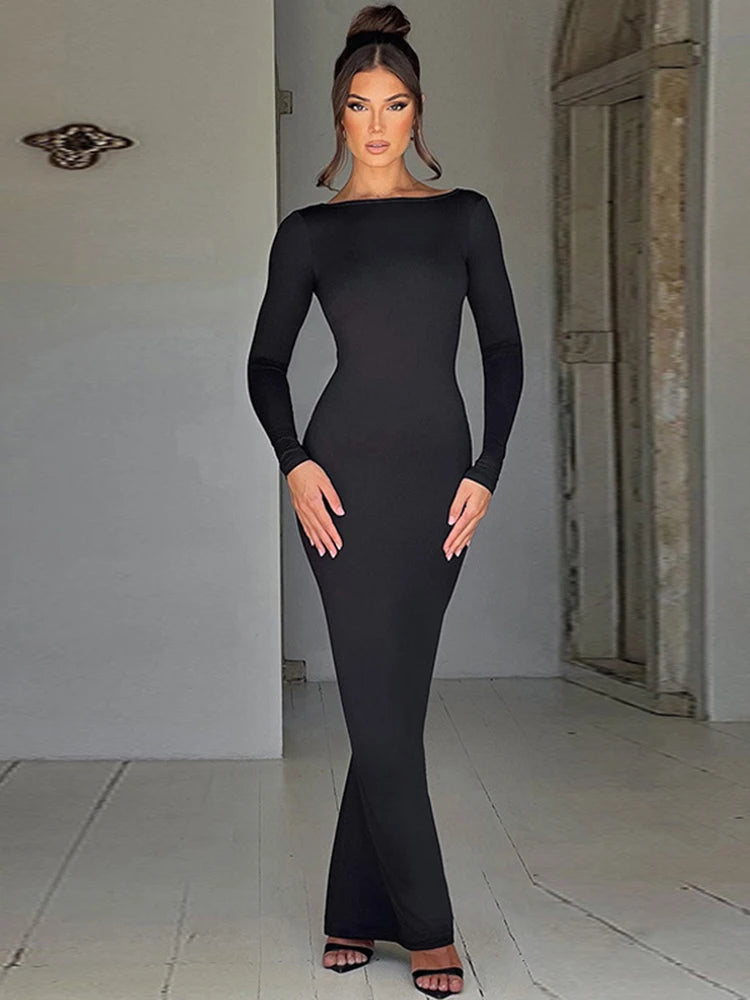 Ruched Backless Long-Sleeve Bodycon Maxi Dress