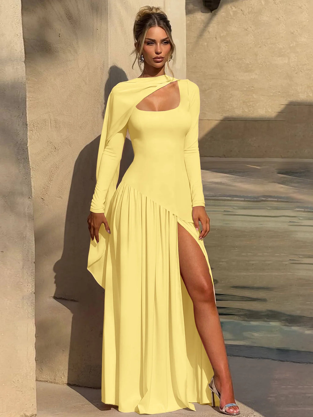 Pleated Side-Slit Tie-Detail Square-Neck Maxi Dress