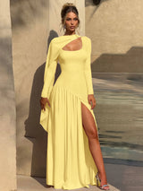 Pleated Side-Slit Tie-Detail Square-Neck Maxi Dress