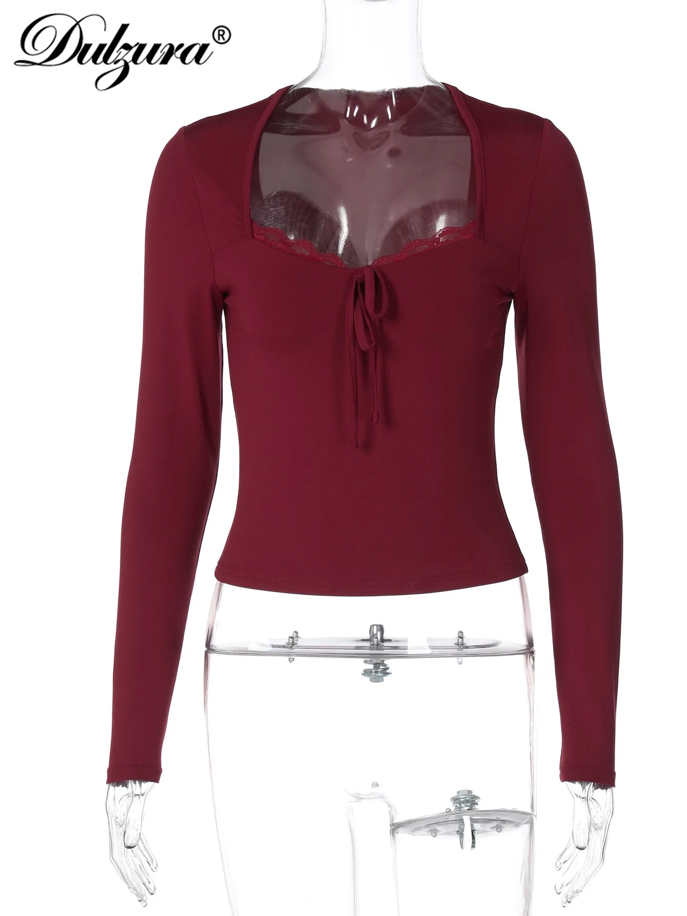 Lace-Up Ruffle Square-Neck Long-Sleeve T-Shirt