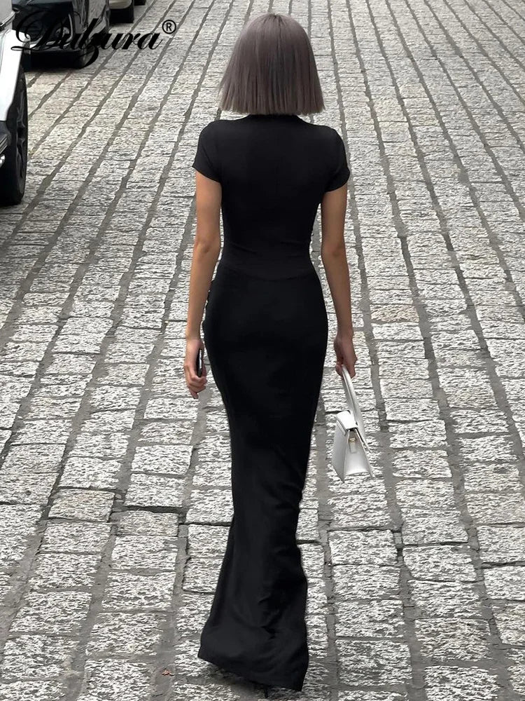 Ruched Side-Slit V-Neck Short-Sleeve Maxi Dress