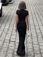Ruched Side-Slit V-Neck Short-Sleeve Maxi Dress