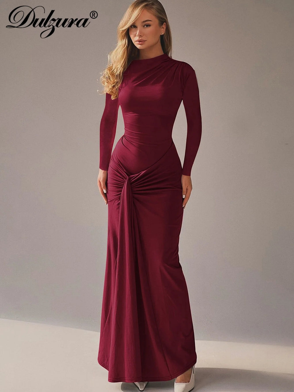 Lace-Up Ruched Long-Sleeve Maxi Dress