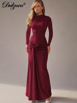 Lace-Up Ruched Long-Sleeve Maxi Dress