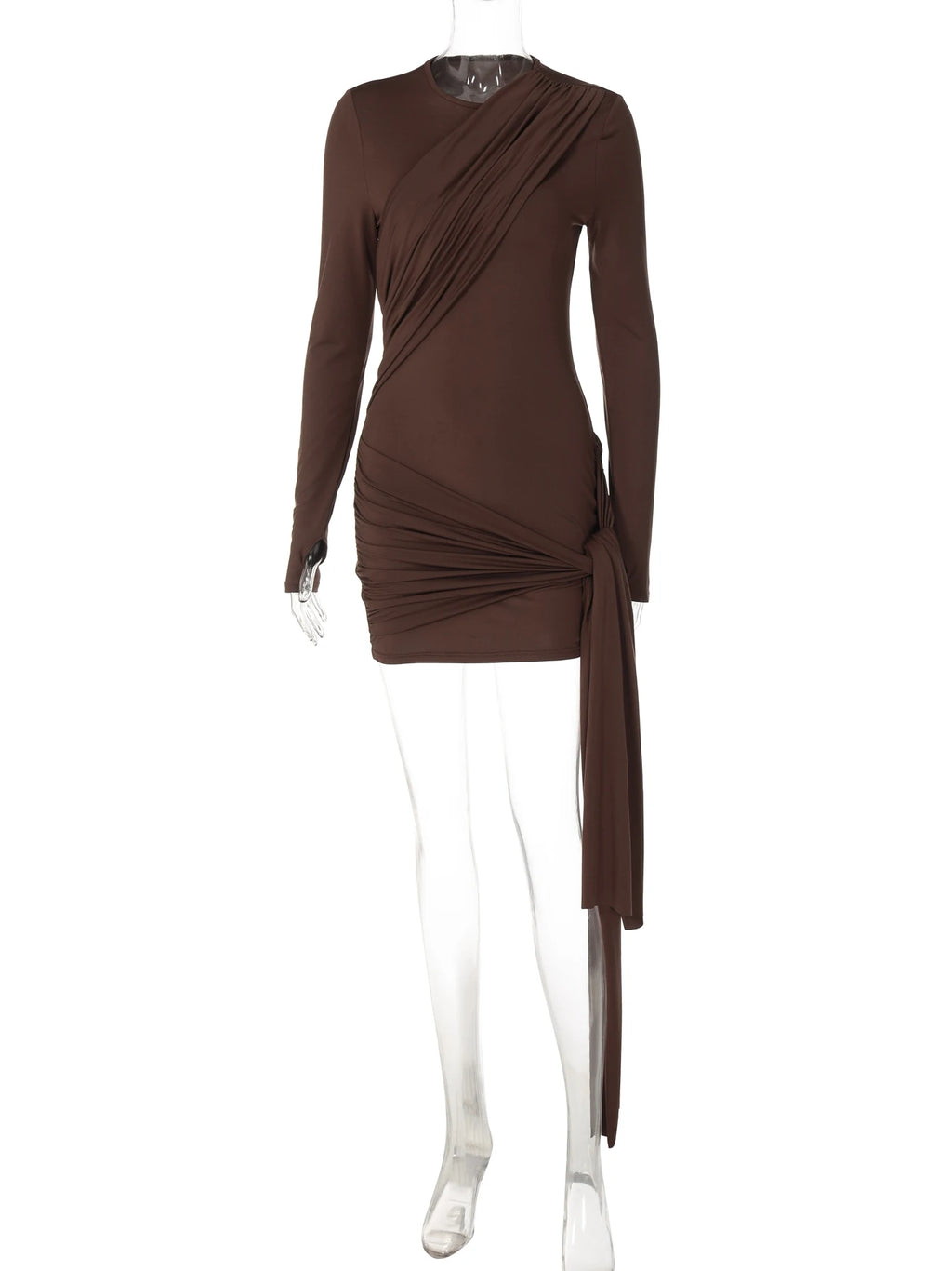 Ruched Tie-Detail Long-Sleeve Slim-Fit Mini Dress