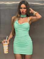 Ruched Backless Tie-Detail Sleeveless Mini Dress