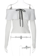 Lace-Up Backless Off-Shoulder Long-Sleeve T-Shirt