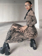 Mesh Sheer Long-Sleeve Bodycon Maxi Dress