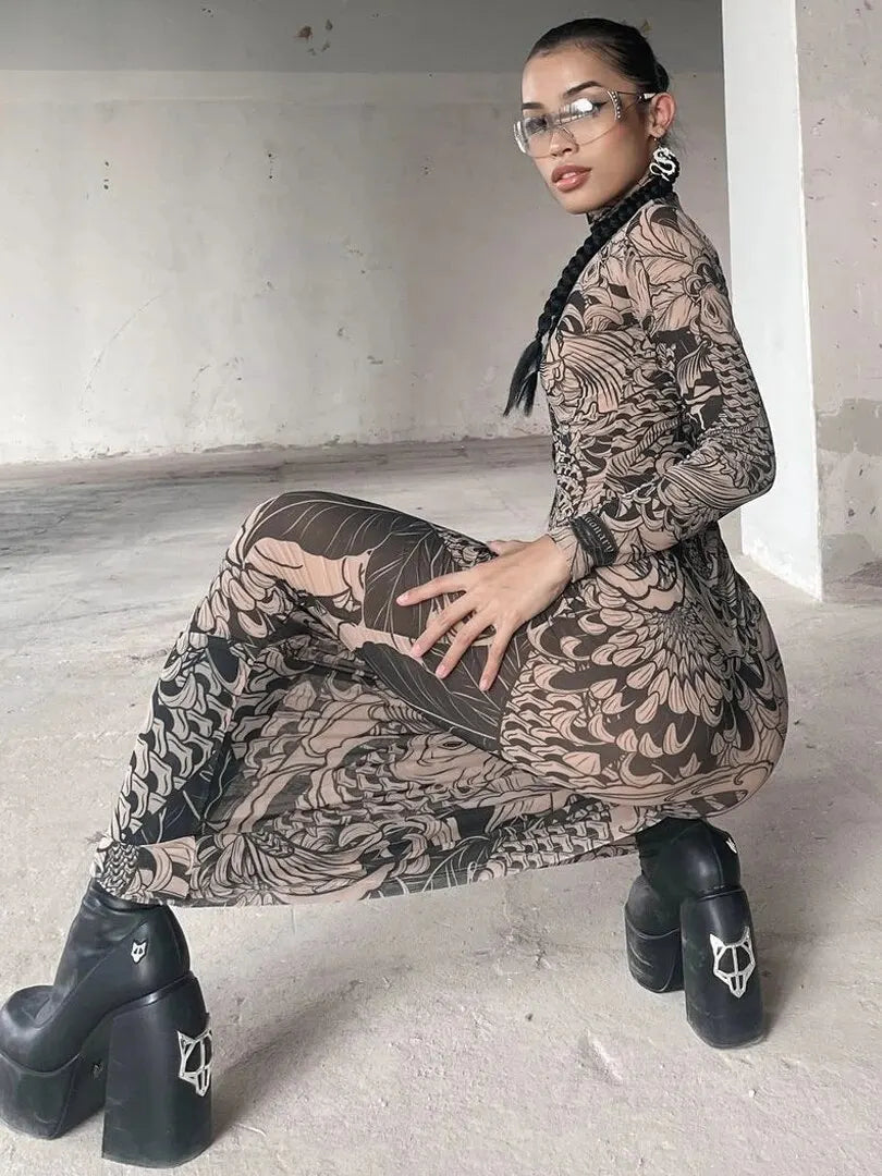 Mesh Sheer Long-Sleeve Bodycon Maxi Dress