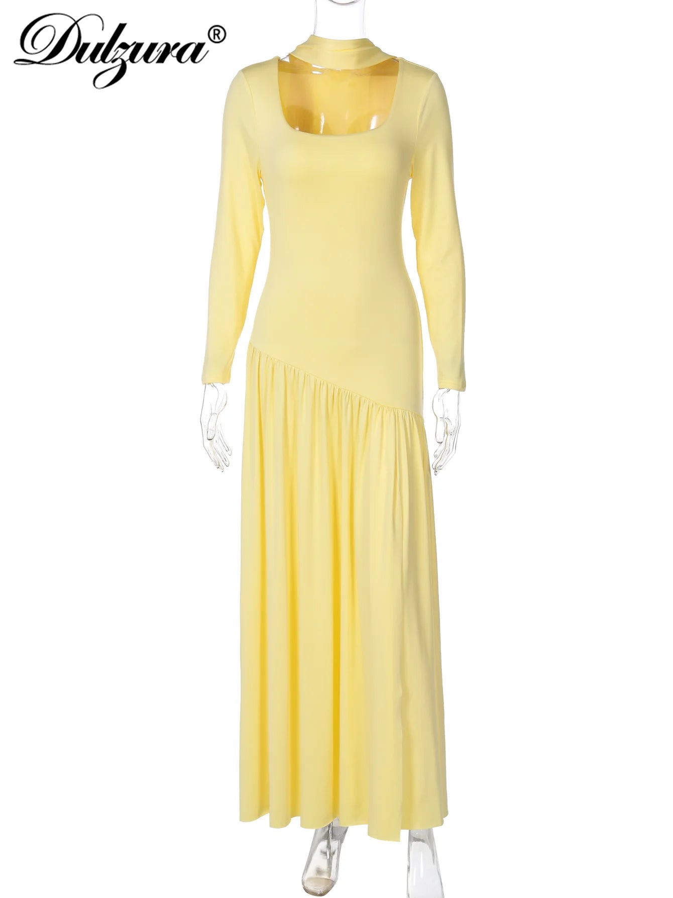 Pleated Side-Slit Tie-Detail Square-Neck Maxi Dress