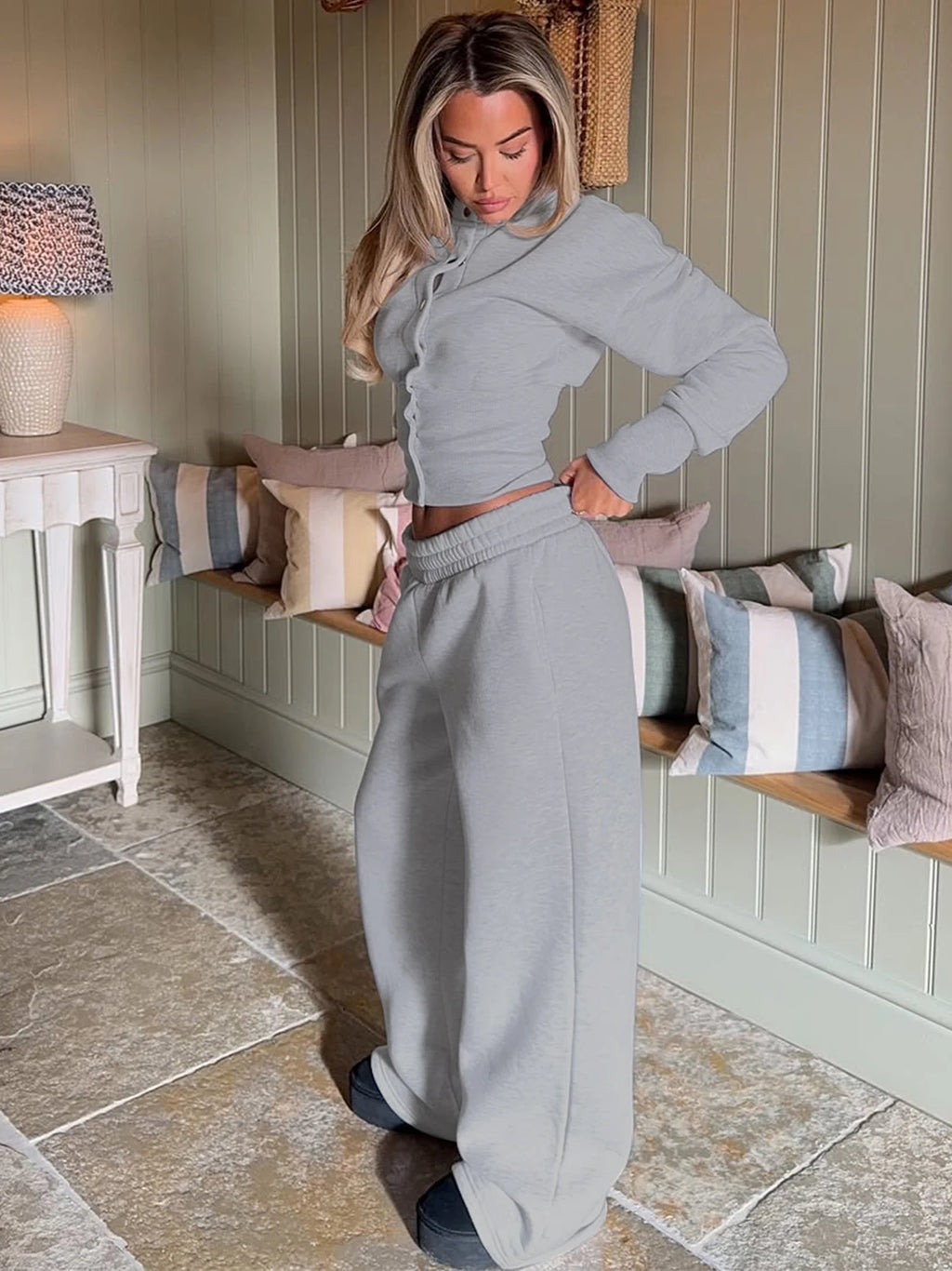 Button-Front Long-Sleeve Two-Piece Pants Set