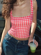 Plaid Square-Neck Sleeveless Slim-Fit Tank Top