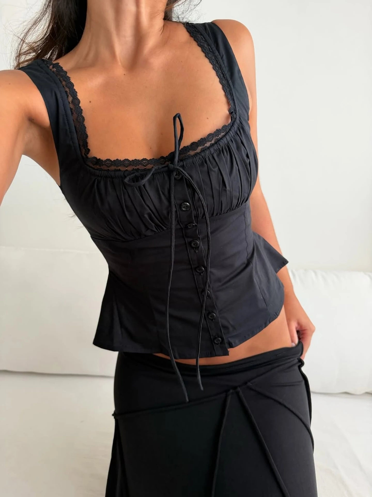 Lace-Up Ruffle Backless Button-Front Tank Top