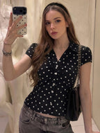 Polka-Dot Lace-Up Button-Front Short-Sleeve T-Shirt