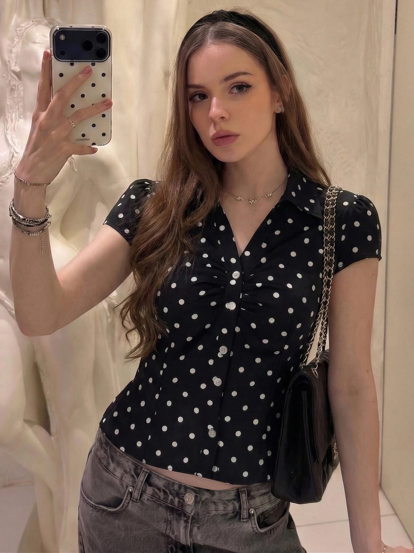 Polka-Dot Lace-Up Button-Front Short-Sleeve T-Shirt