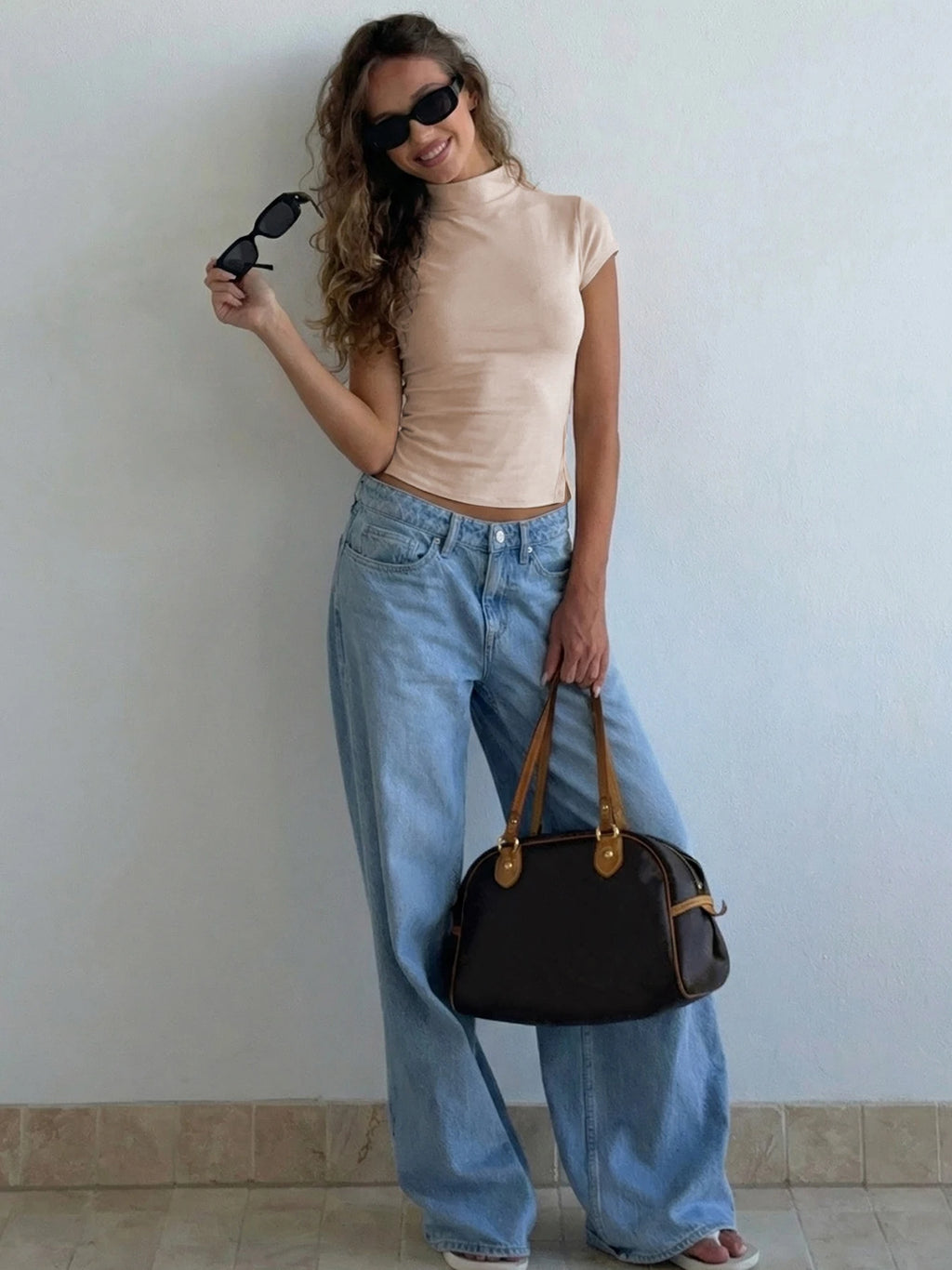 Side-Slit High-Neck Short-Sleeve Slim-Fit T-Shirt