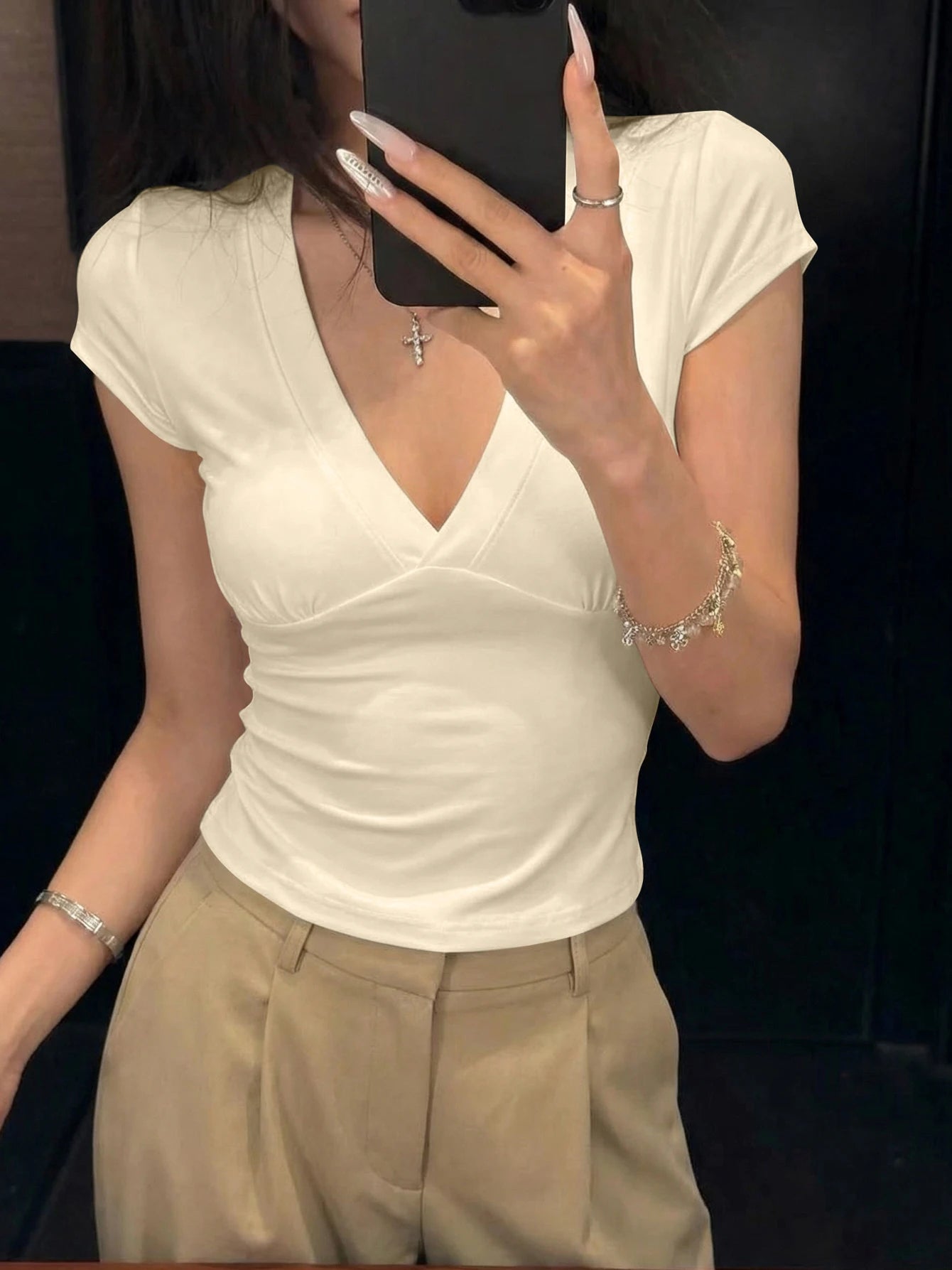 V-Neck Short-Sleeve Cropped T-Shirt